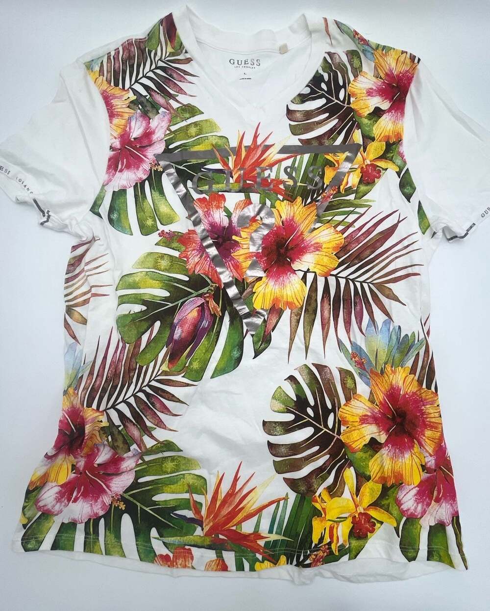 Guess Los Angeles V-Neck Tropical Floral Graphic T-Shirt Men’s fitted L